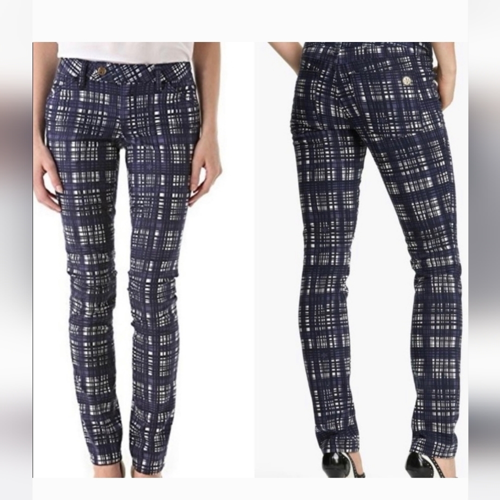 TORY BURCH Navy/ Purple/ White Plaid Lightweight Cotton Pants. Size 28